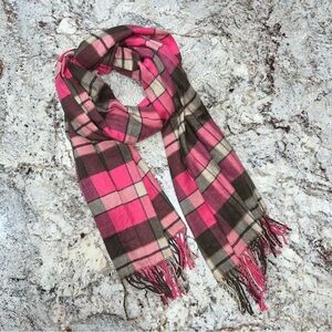 Gap Brown and Pink Very Soft Plaid Shawl Scarf With Fringe Hem